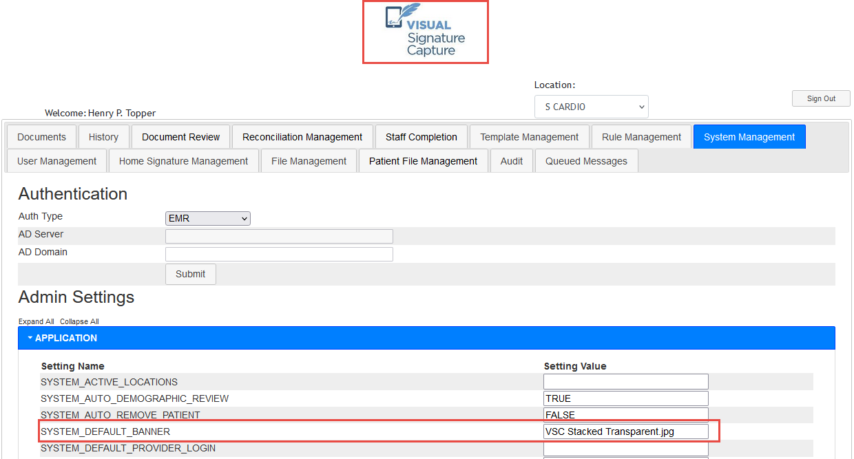 VSC System Management Tab SYSTEM_DEFAULT_BANNER Setting